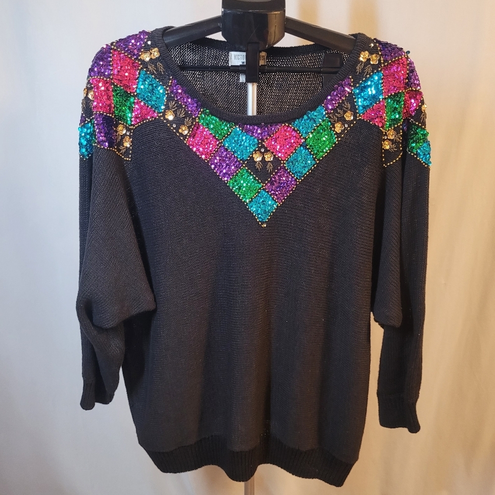 Colorful Vintage Sequined Black Sweater